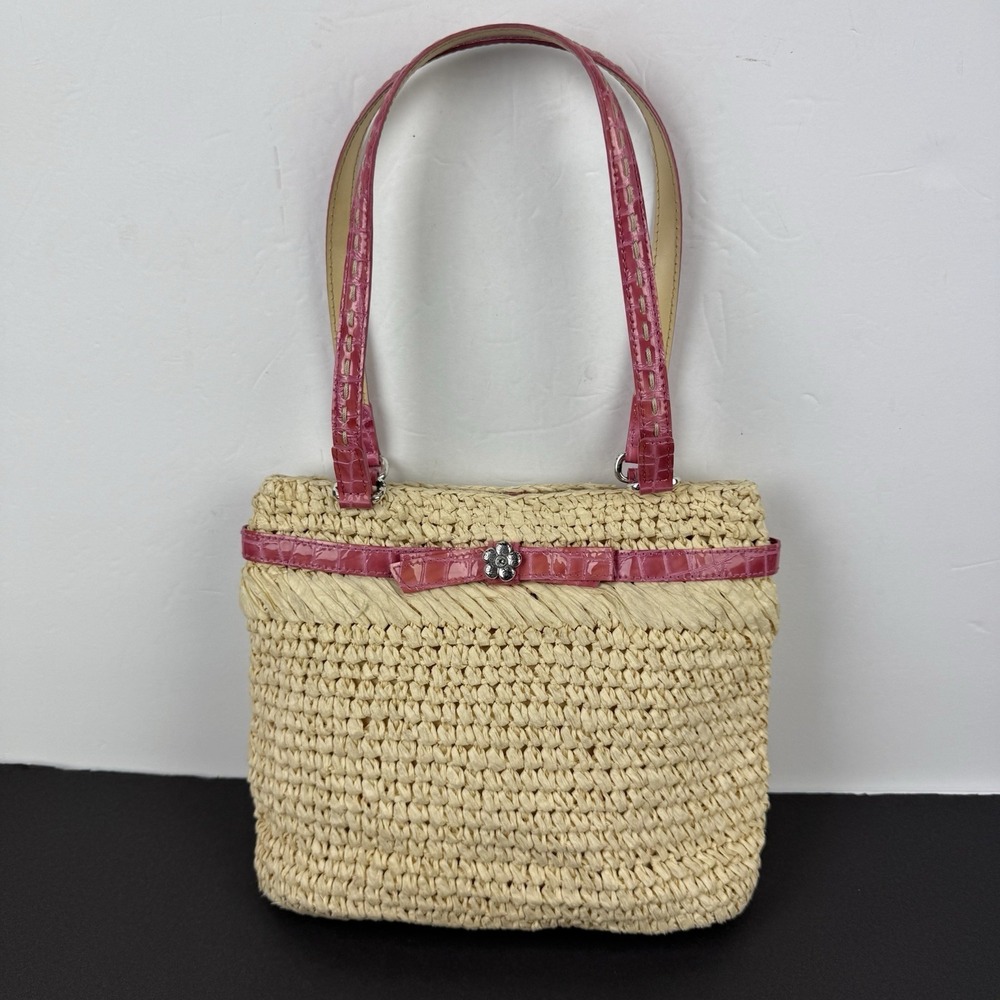 Brighton Straw Handbag Pink Leather Trim Shoulder Bag Wicker Shoulder Bag